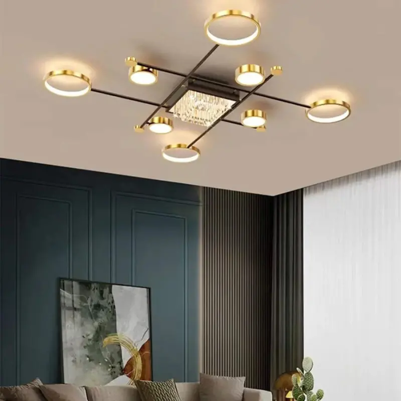Previzualizare 2: Lustra LED cu telecomanda si cristal MISEL 168W, 9 Elemente, lumina Rece/Calda/Neutra, Dimabila, Negru Auriu