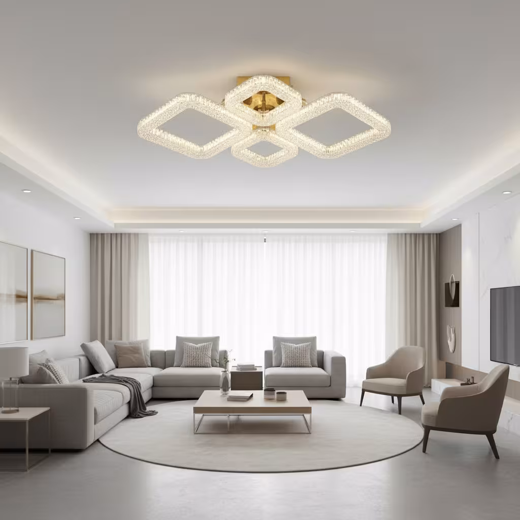 Lustra LED RENATO Eleganza cu telecomanda si cristal, 73W, 4 Patrate, Lumina Rece/Calda/Neutra, Dimabila, Auriu