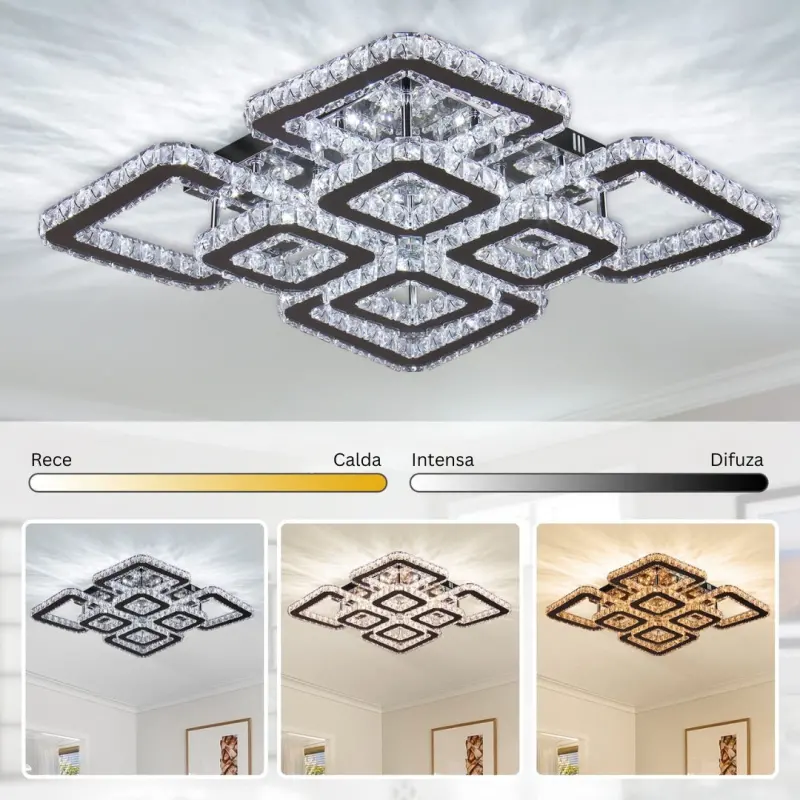 Previzualizare 3: Lustra LED cu telecomanda si cristal QUADRIA SUPREMO RGB 168W, 8 Patrate, lumina Rece/Calda/Neutra, Dimabila, Crom Lucios