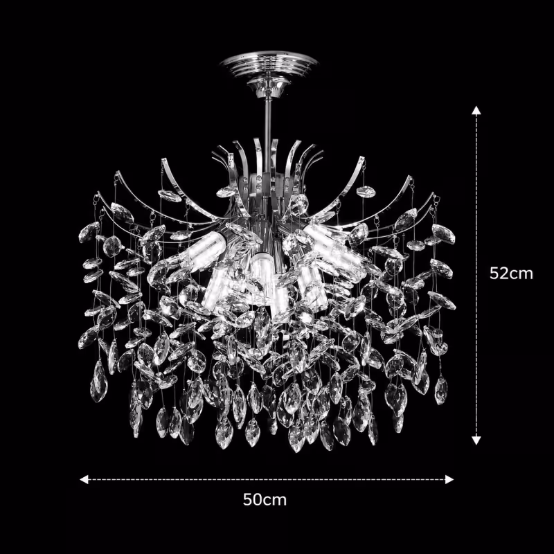 Previzualizare 4: Candelabru Cristal PROWES Eleganza, 8xE14, D50 cm, Crom Lucios, Inaltime Reglabila, Metal si Cristal
