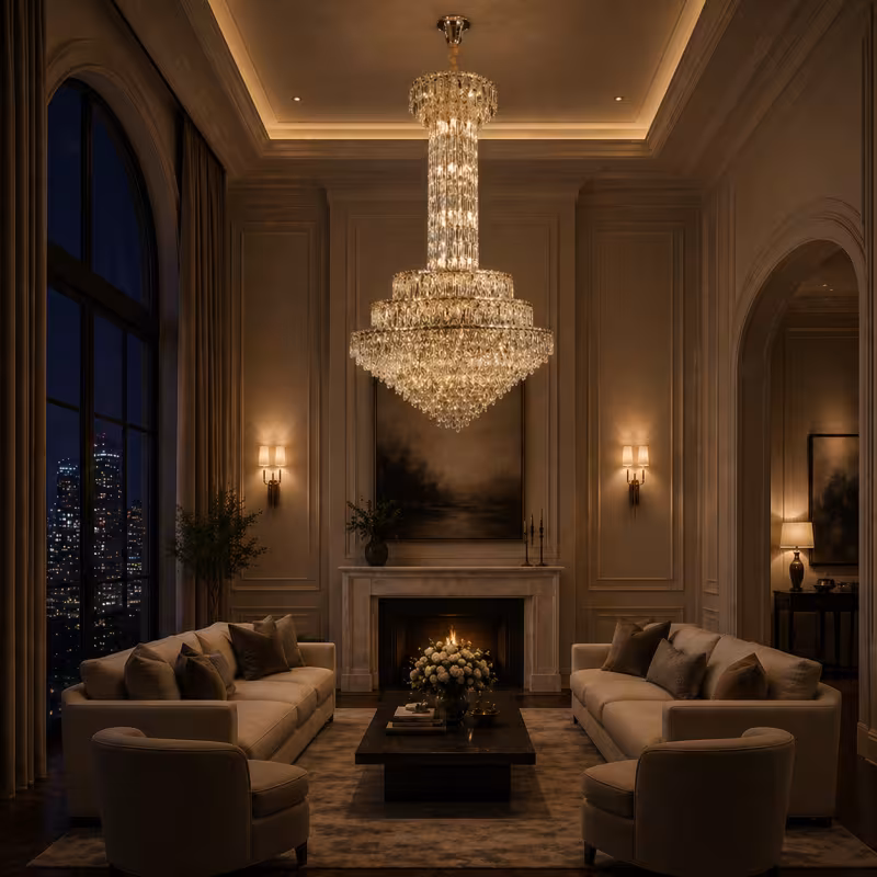 Candelabru Cristal GRAND 87xE14, D138 cm, Auriu, Inaltime Reglabila, Metal si Cristal