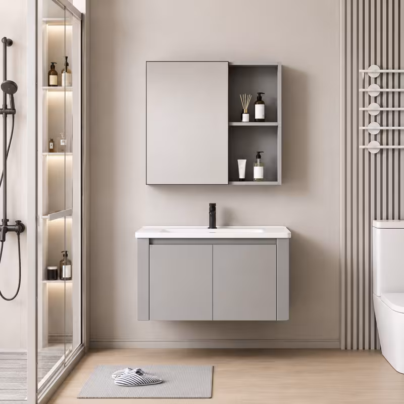 Previzualizare 2: Set Mobilier TIVOLI pentru Baie , Dulap Lavoar+Dulap Oglinda 60cm, 2 Piese, Gri si Alb