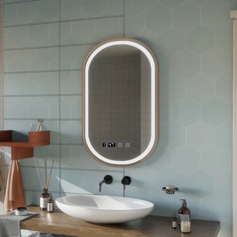 Previzualizare 3: Oglinda LED Touch Siegfried Sistem Dezaburire, Ceas si Temperatura, 45x90cm, Rama Auriu Brushed, Lumina Calda Neutra Rece 3000K/4000K/6000K