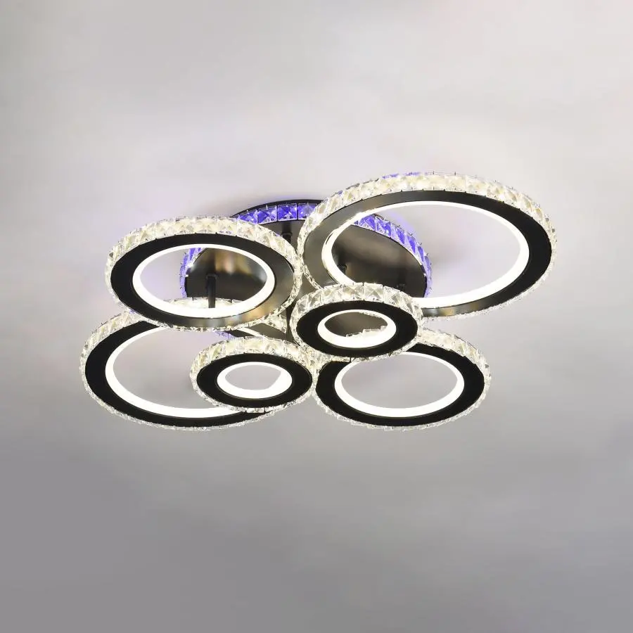 Lustra LED cu telecomanda si cristal NOVA ROTONDA RGB 145W, 6 Cercuri, lumina Rece/Calda/Neutra, Dimabila, Negru