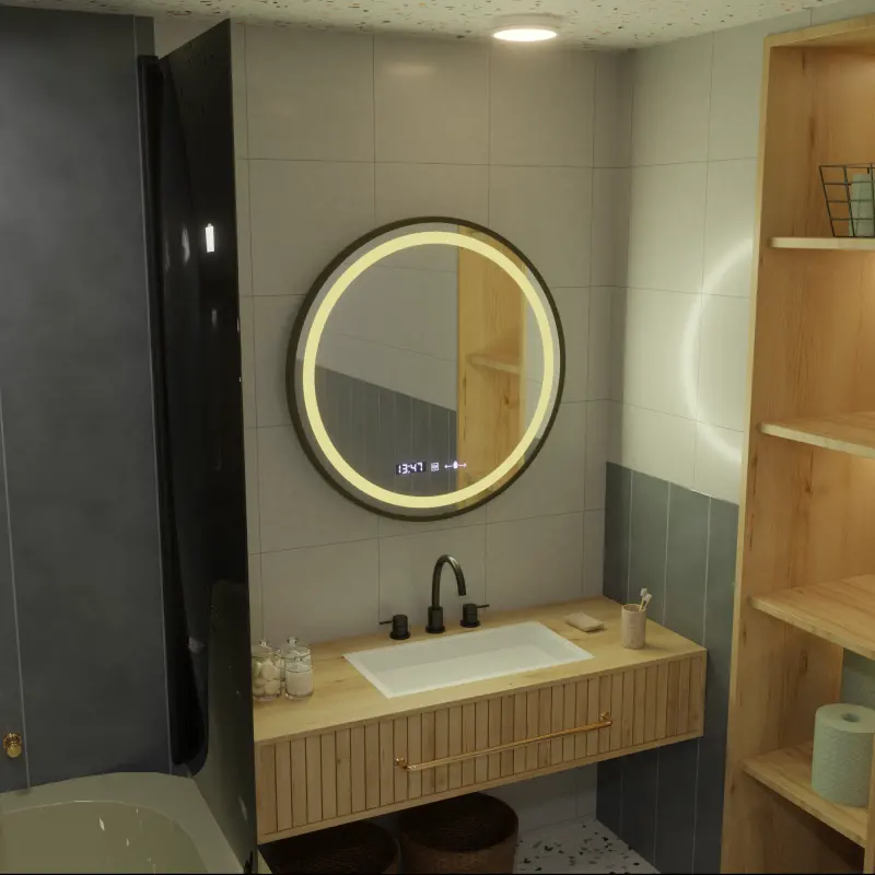 Previzualizare 4: Oglinda LED Rotunda, 100cm, Celeste Majeste Noir MotionGlow Marcello, Sistem Dezaburire, Ceas & Termometru, Dimabila