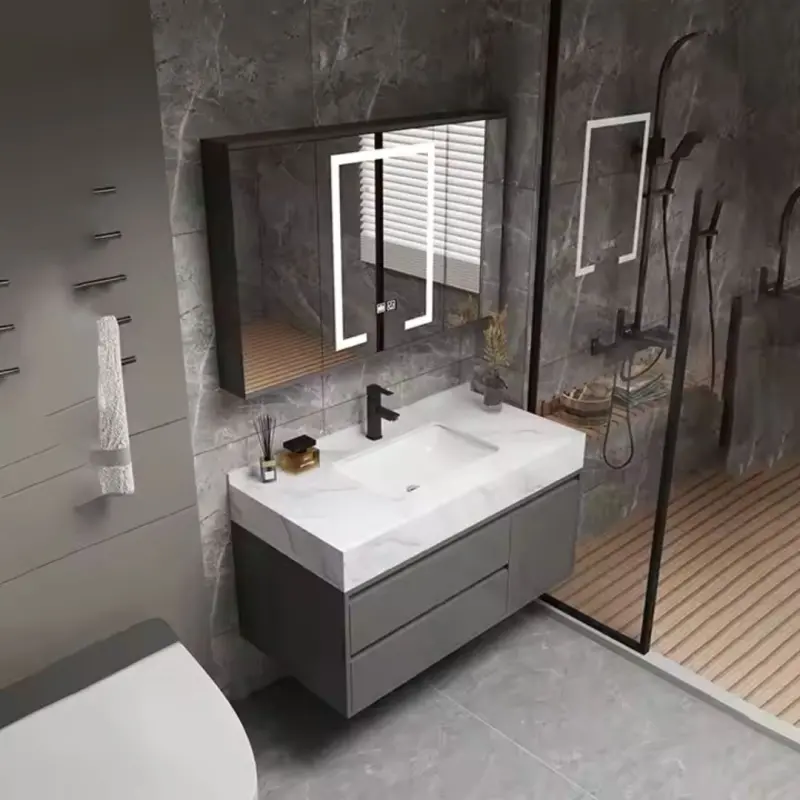 Previzualizare 3: Set Mobilier pentru Baie SANTORINI, Dulap Lavoar + Dulap Oglinda 80cm, 2 Piese, Gri si Alb