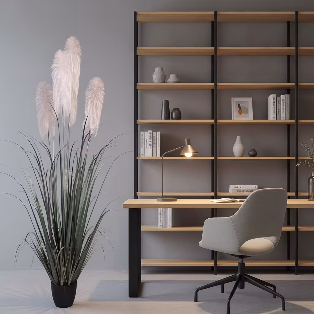 Planta Artificiala Iarba Ornamentala, 240cm, cu 5 fire, Stuf si Iarba, Verde si Gri, Fara Ghiveci