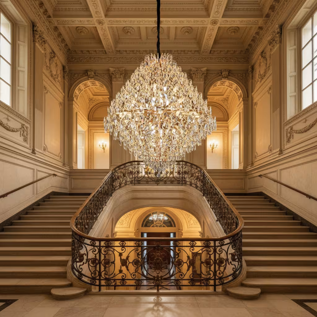 Candelabru Cristal KONIG Grande, 32xE14, D120 cm, Auriu, Inaltime Reglabila, Metal si Cristal