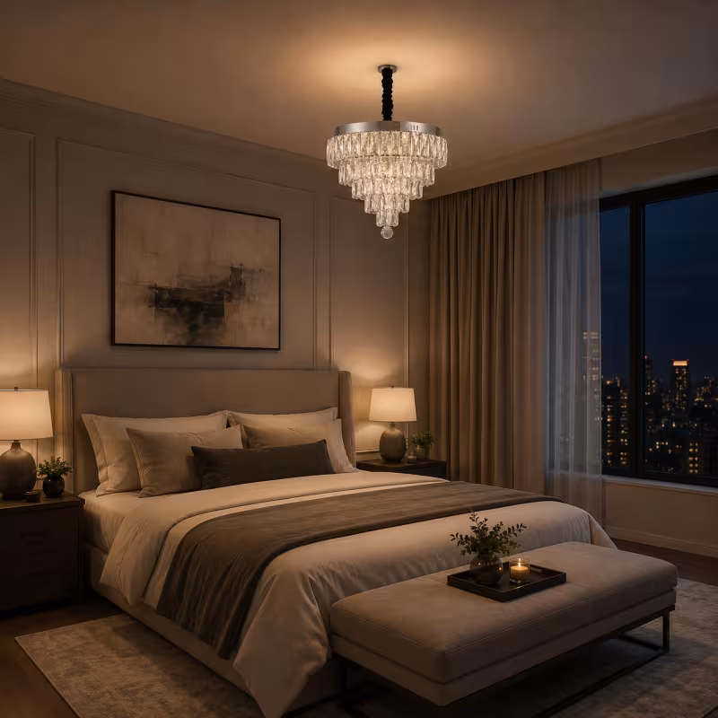 Previzualizare 2: Lustra LED Cristal cu telecomanda RIGO Eleganza Diametru 48cm, Crom Lucios, Inaltime Reglabila, Metal si Cristal