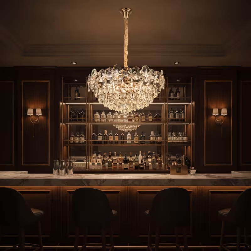 Candelabru Cristal JARDIN Magno 14xE14, Diametru 60cm, Inaltime 35cm, Auriu Lucios, Inaltime Reglabila, Design Elegant