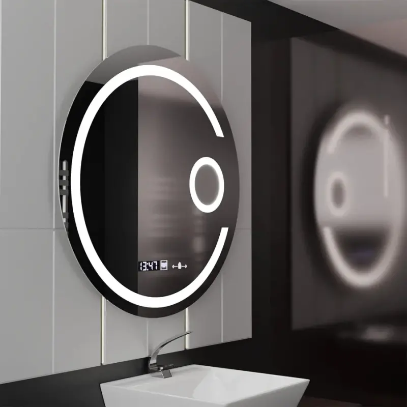 Oglinda LED Rotunda, 22W, 70cm, Visio MotionGlow Marcello, Sistem Dezaburire, Ceas & Termometru, Lupa Cosmetica, Dimabila