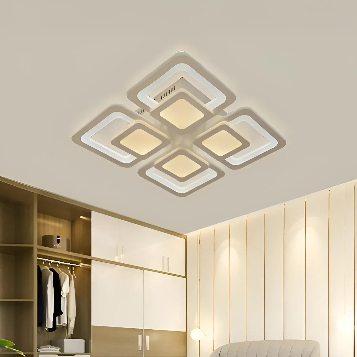 Lustra LED cu telecomanda SUSAN 96W, 4 Patrate, lumina Rece/Calda/Neutra, Dimabila, Alb