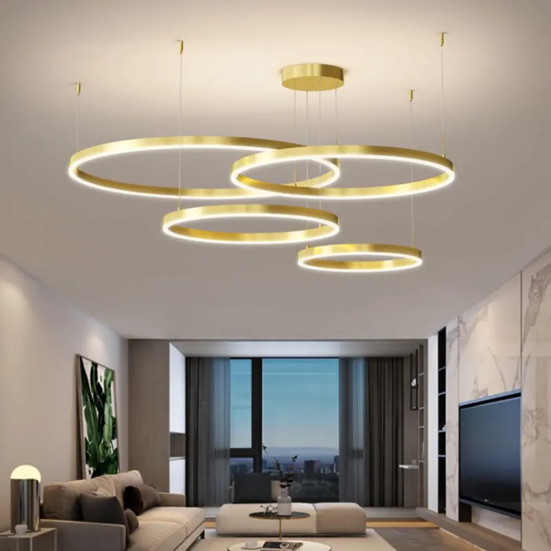 Previzualizare 4: Lustra LED suspendata cu telecomanda LT813/4GD 41W, 4 Cercuri, lumina Rece/Calda/Neutra, Dimabila, Auriu, Inaltime Reglabila