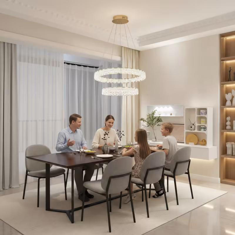 Previzualizare 3: Lustra LED SHELP Cristal cu telecomanda, 64W, Lumina Calda/Neutra/Rece, Φ60 cm, Inaltime Reglabila, Metal si Cristal, Auriu