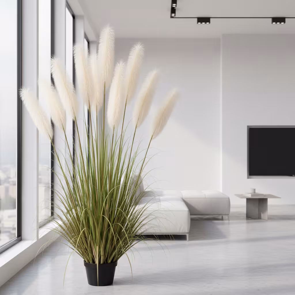 Planta Artificiala Iarba Ornamentala, 240cm, cu 9 fire, Stuf si Iarba, Verde si Roz, Fara Ghiveci