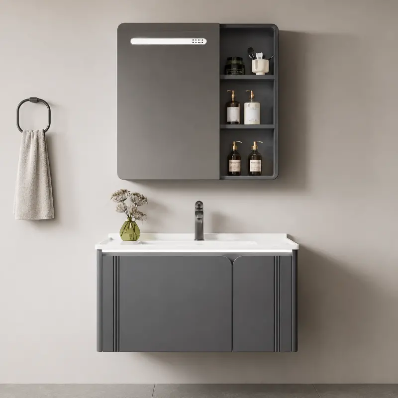 Set Mobilier ORIA pentru Baie, Dulap Lavoar+Dulap Oglinda 80cm, 3 Piese, Gri si Alb