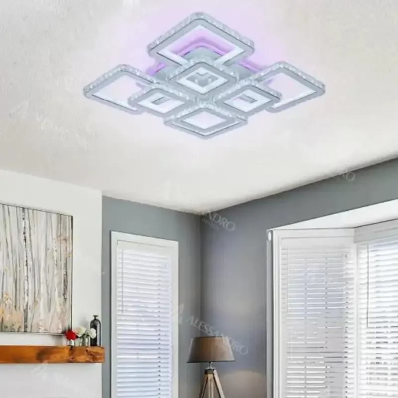 Previzualizare 3: Lustra LED cu telecomanda si cristal LEILA 175W, 8 Patrate, lumina Rece/Calda/Neutra, Dimabila, Alb Crom Lucios