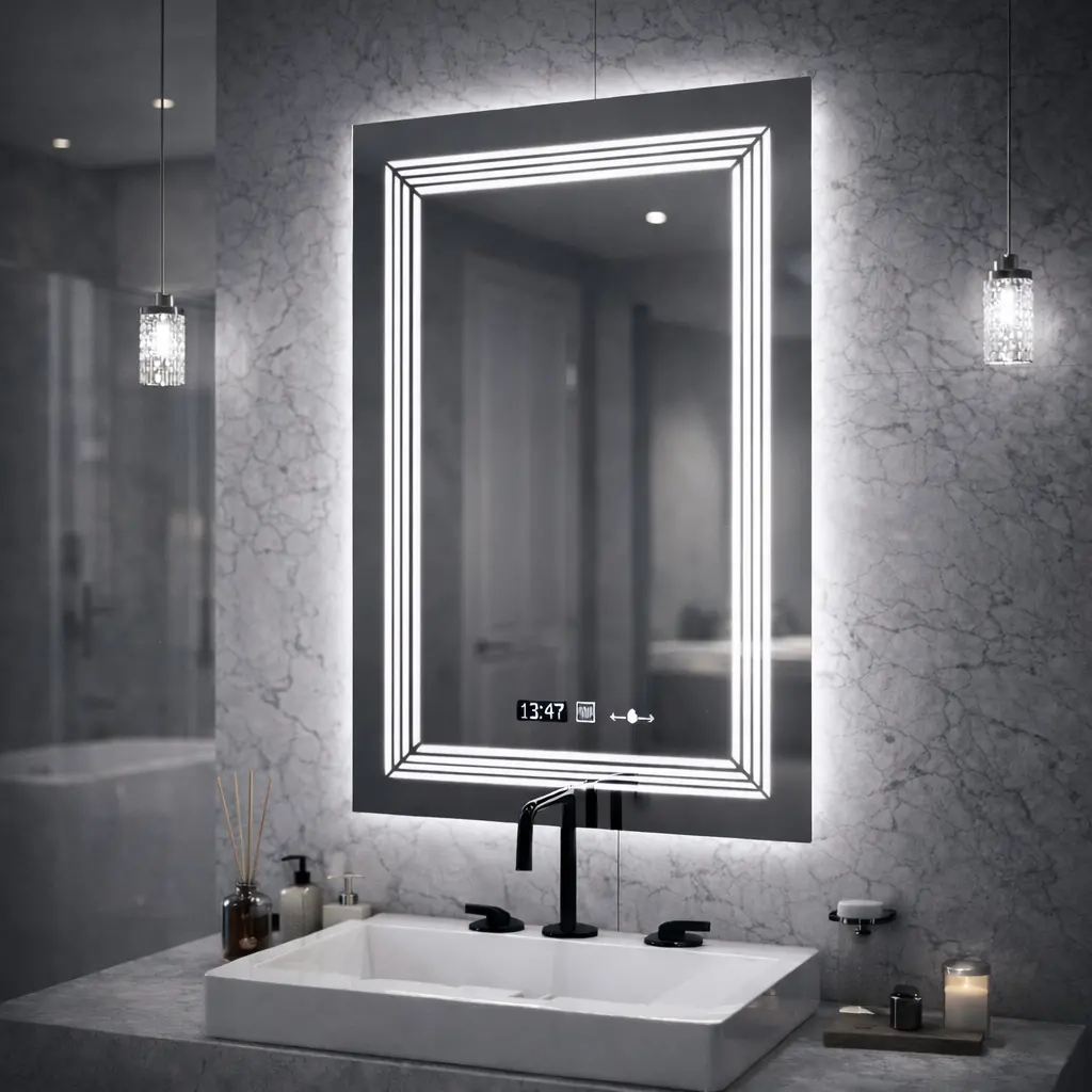 Oglinda LED Rectangulara, 60x80cm, Venezia Senzor MotionGlow Marcello, Sistem Dezaburire, Ceas & Termometru, Dimabila, Lumina Calda Neutra Rece 3000K/4000K/6000K