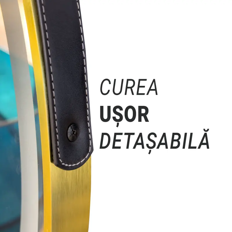 Previzualizare 4: Oglinda LED Rotunda, 60cm, Celeste Royale Gold Eleve MotionGlow Marcello, Sistem Dezaburire, Ceas & Termometru, Dimabila, Curea Detasabila