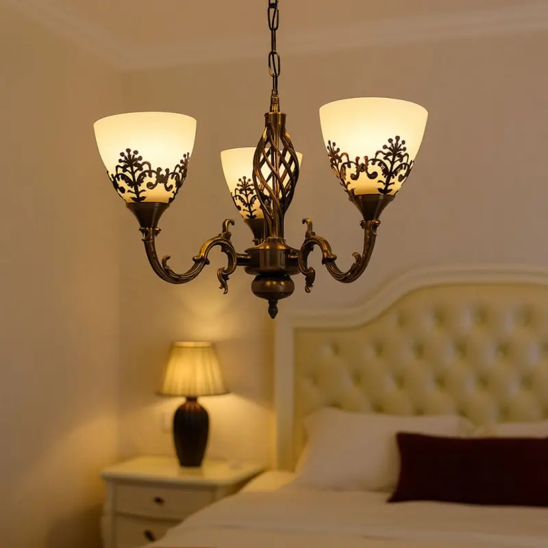 Previzualizare 4: Lustra VINTAGE, tip Pendul cu brate, COTTAGE, Circulara, 3xE27, Sticla si Metal, Bronz