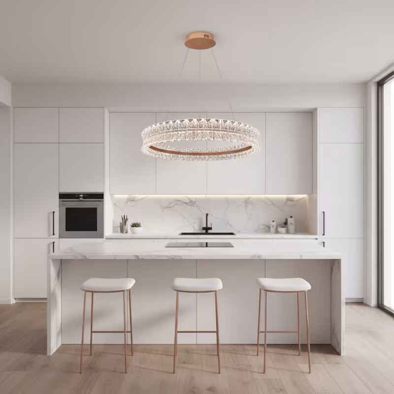 Previzualizare 3: Lustra LED Cristal cu telecomanda, 49W, Lumina Calda/Neutra/Rece, Φ40 cm, Inaltime Reglabila, Metal si Cristal, Auriu