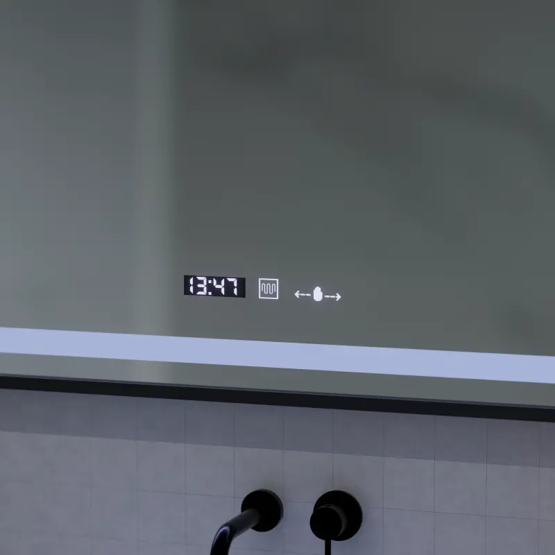 Previzualizare 4: Oglinda LED Senzor MotionGlow Domingo cu functie Dezaburire Termometru Ceas 120x65 cm Lumina Rece/Calda/Neutra Dimabila, Rama Negru Brushed, colectia Marcello Funghi