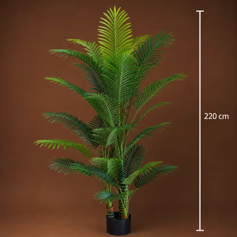 Previzualizare 4: Planta Artificiala Copac Tip Palmier Kentia, 3 tulpini, 17 frunze, 220 cm, Verde, cu Ghiveci