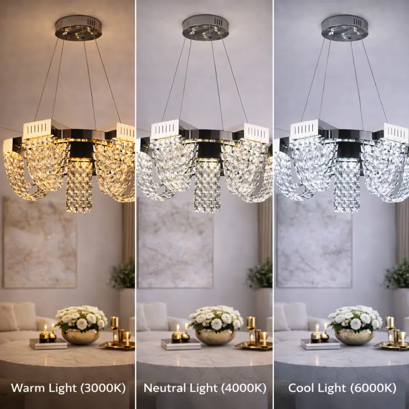 Previzualizare 4: Candelabru Cristal LED 15W, STRATUS Magno , Diametru 50cm, Crom Lucios, Lumina Calda Neutra Rece 3000K/4000K/6000K Inaltime Reglabila, Metal si Cristal
