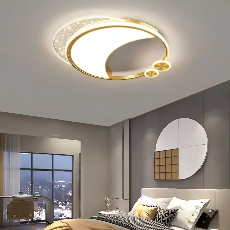 Lustra LED Marco cu Telecomanda, 76W, Dimabila, Auriu, Metal, Acril si Sticla, 3000K/4000K/6000K