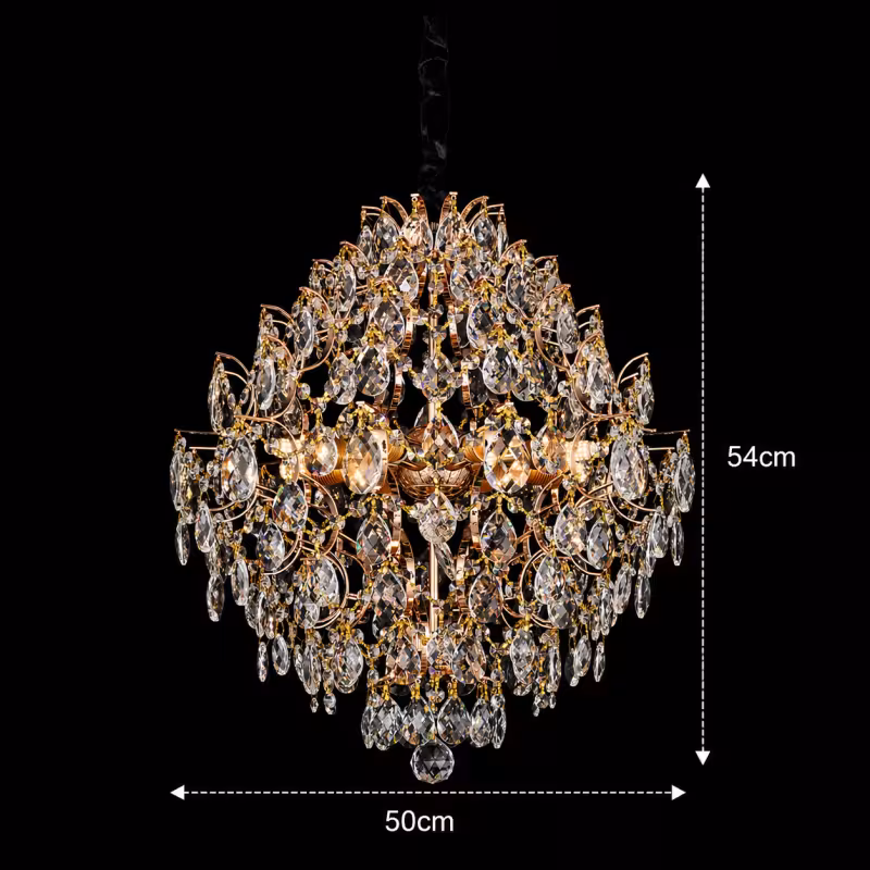Previzualizare 4: Candelabru Cristal KONIG Eleganza, 8xE14, D50 cm, Auriu, Inaltime Reglabila, Metal si Cristal