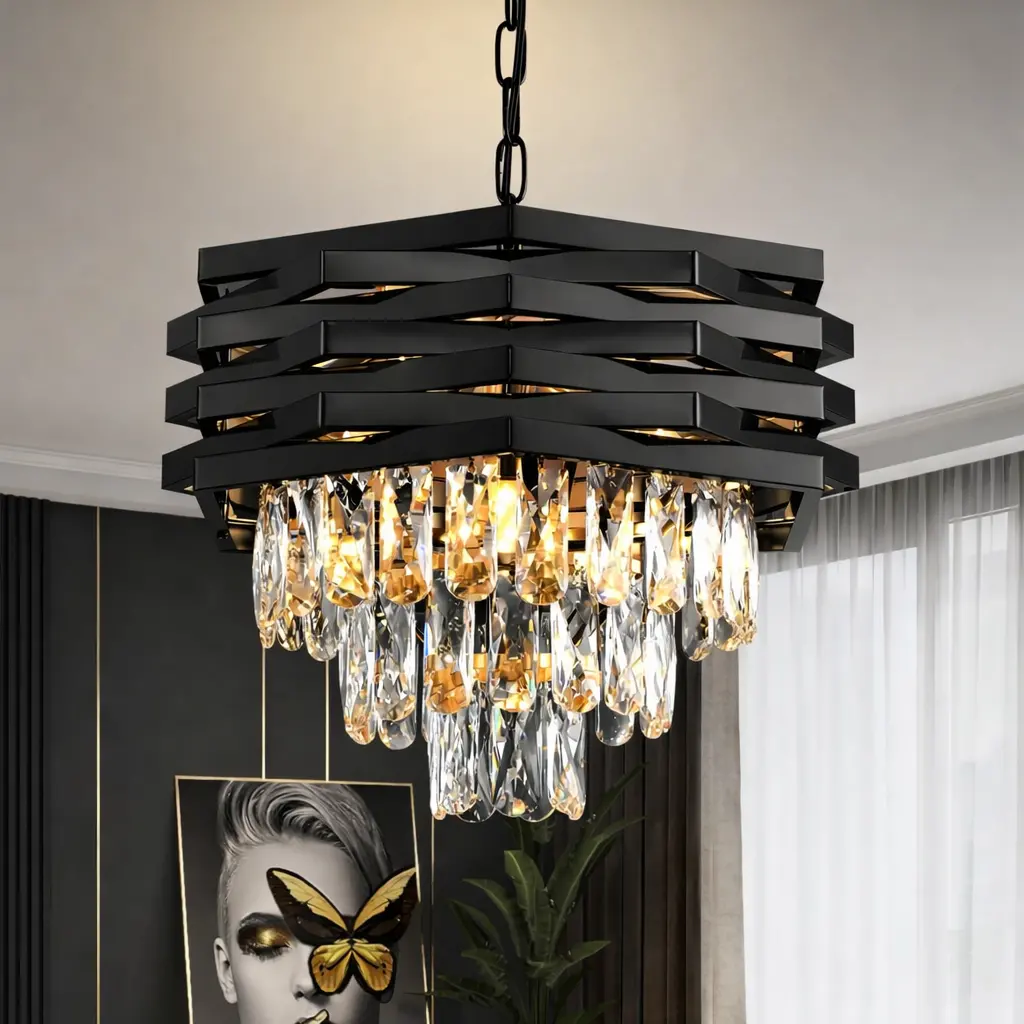 Candelabru Cristal HEXA Ø30cm 3xE14 Negru Inaltime Reglabila