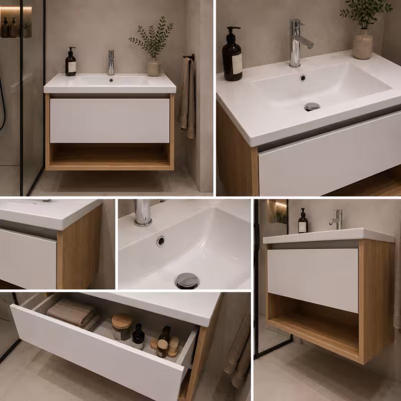Previzualizare 2: Set Mobilier VALO pentru Baie, Dulap Lavoar, 1 Sertar, Alb si Maro