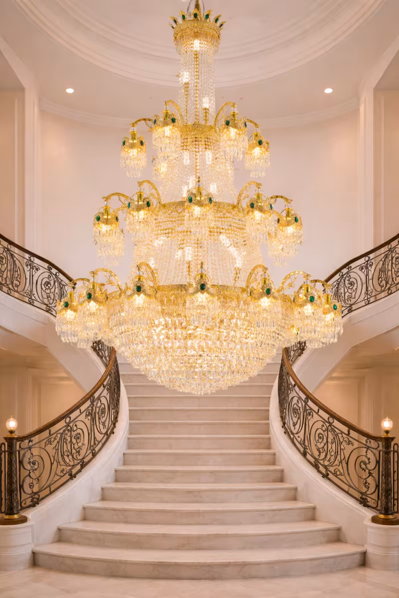 Candelabru Cristal , 61xE14, Diametru 150cm, Inaltime 200cm, Auriu Lucios, Inaltime Reglabila, Design Elegant