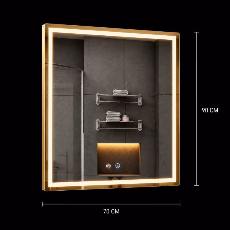Previzualizare 3: Oglinda LED WAMOSK, 90x70cm, Auriu, Senzor, Lumina 3000K, 4000K, 6000K, Sistem Dezaburire, Metal, Functii Ceas si Temperatura