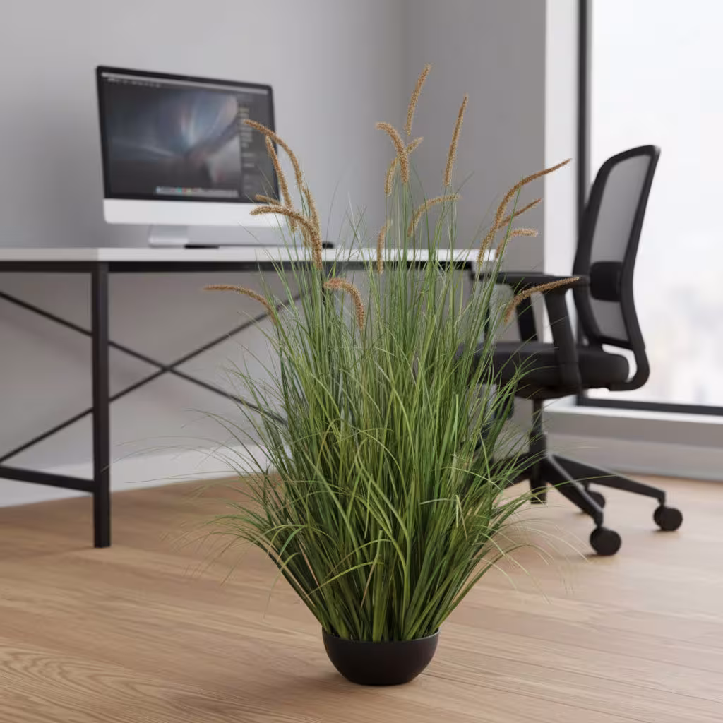 Planta Artificiala Iarba Ornamentala Tip Coada de Pisica, 120cm, 17 tulpini, Iarba curbata si Spice, Verde Tomnal, Fara Ghiveci