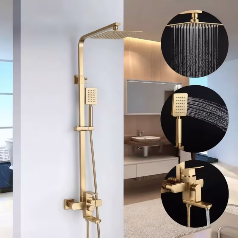 Previzualizare 3: SET Coloana de dus cu baterie, Inox, Para patrata, Efect ploaie, 3 functii, Montare pe perete, Finisaj Auriu Periat, Accesorii Incluse