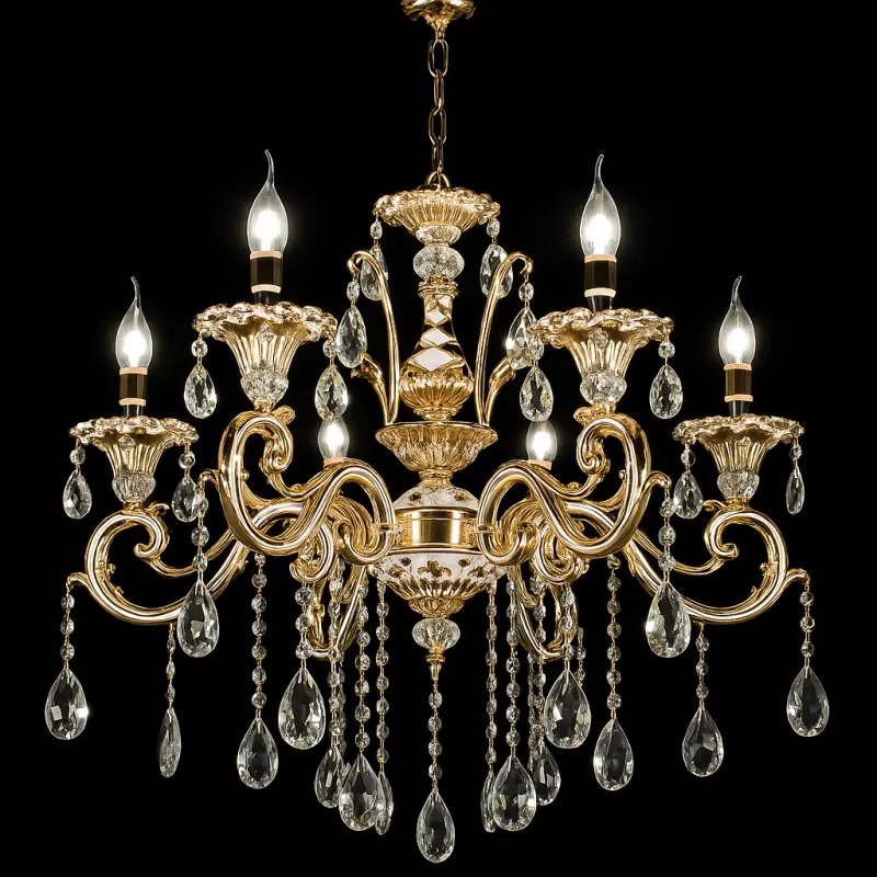 Candelabru Cristal Luciano, 6xE14, Auriu, Metal si Cristal