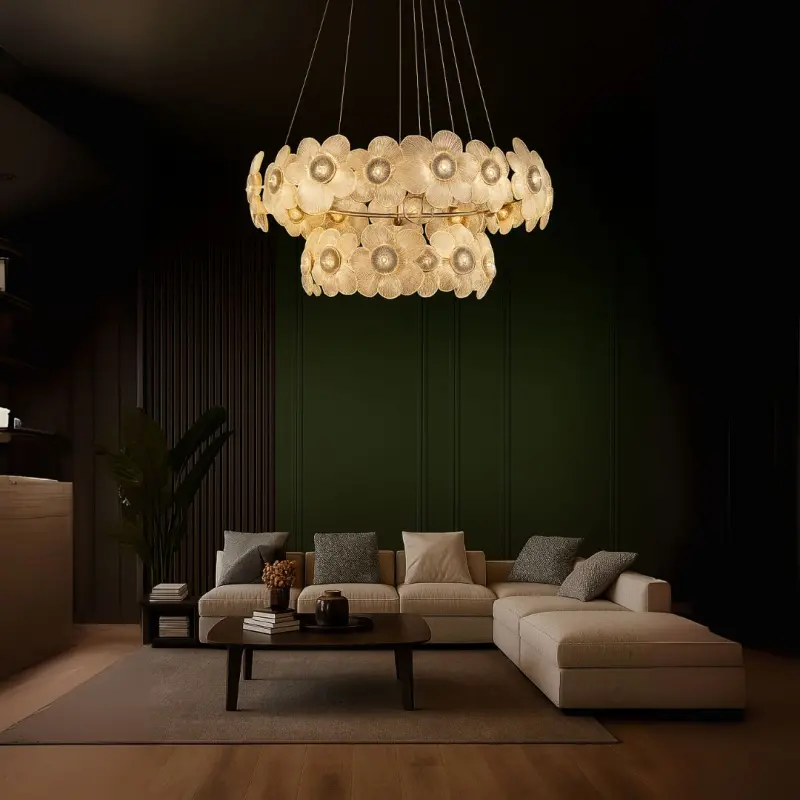 Candelabru Cristal Cadenza Largo, Diametru 76cm, 132W, 3000K4000K6000K, Inaltime reglabila, Auriu