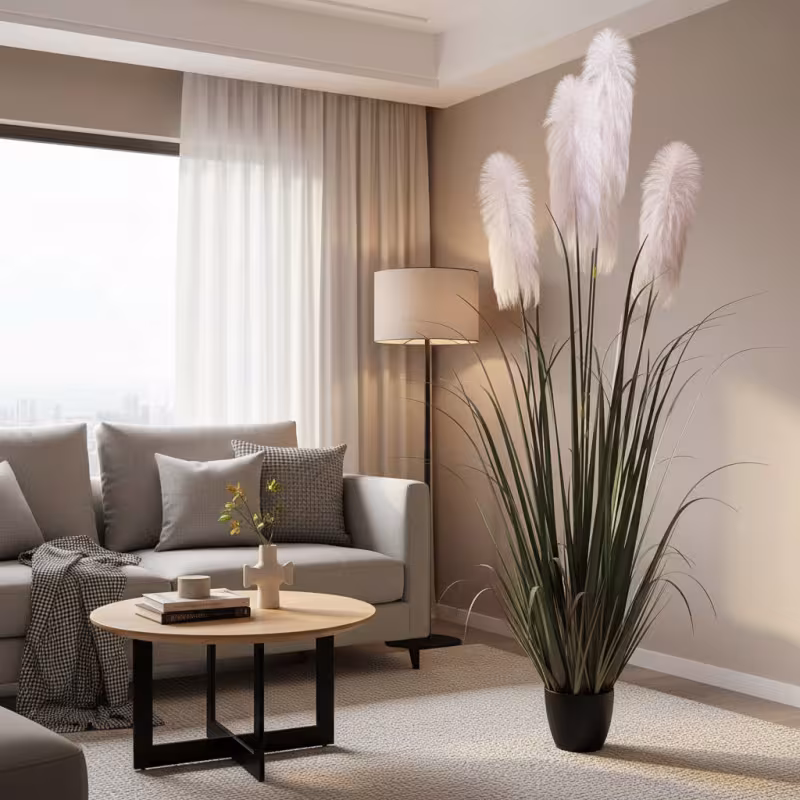 Planta Artificiala Iarba Ornamentala, 200 cm, cu 4 fire, Stuf si Iarba, Verde si Gri, Fara Ghiveci