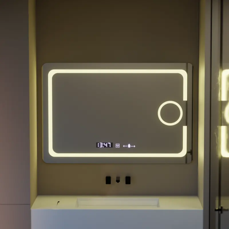 Previzualizare 3: Oglinda LED Rectangulara, 110x75cm, Eclat MotionGlow Marcello, Sistem Dezaburire, Ceas & Termometru, Lupa Cosmetica, Dimabila