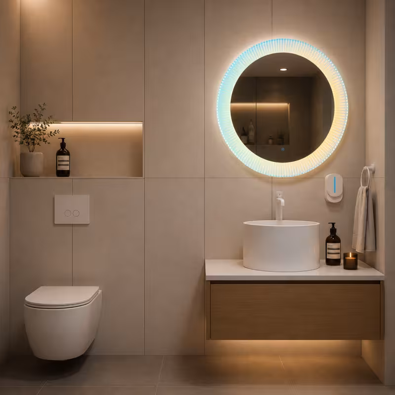 Previzualizare 2: Oglinda LED FISHMAN Rotunda, 70cm, Rama din acrilic cu efect irizat, Senzor, Lumina 3000K, 4000K, 6000K, Sistem Dezaburire, Acrilic, Functii Ceas si Temperatura