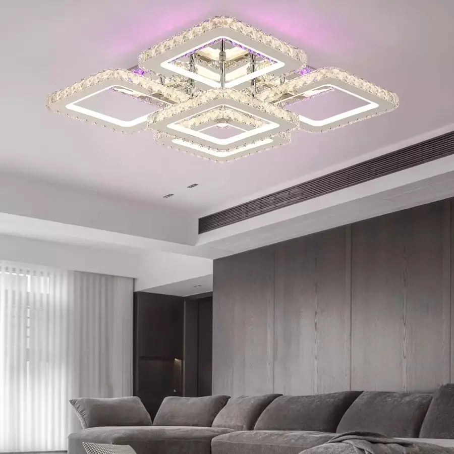 Lustra LED cu telecomanda cu cristal QUADRIA SUPREMO RGB, 143W, 5 Patrate, lumina Rece/Calda/Neutra, Dimabila, Crom Lucios