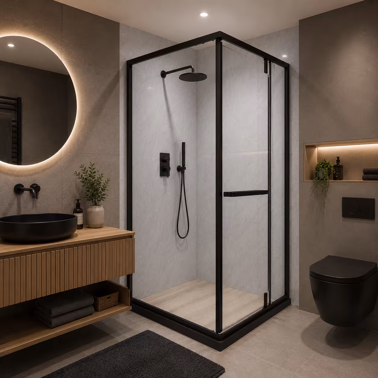 Paravan dus Walk-In 100x100x195 cm, sticla securizata 7.6 mm, satin, profil metalic rezistent, Transparent si Negru