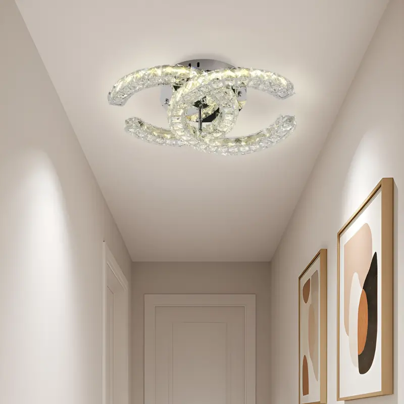 Lustra LED cu telecomanda si cristal SHIA 27.1W, 2 Cercuri, lumina Rece/Calda/Neutra, Dimabila, Crom Lucios