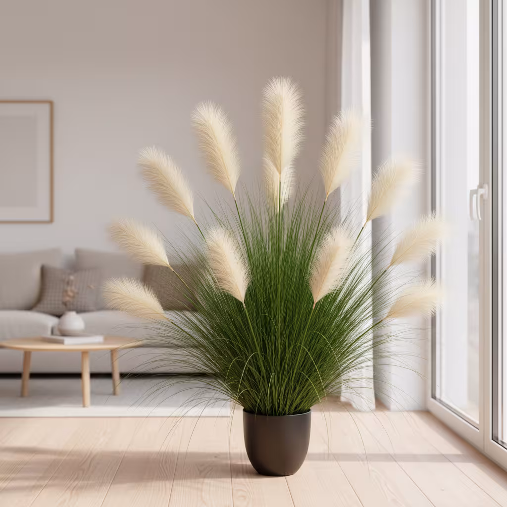 Planta Artificiala Iarba Ornamentala, 137 cm, 11 tulpini, Stuf si Iarba, Verde deschis si Alb, Fara Ghiveci