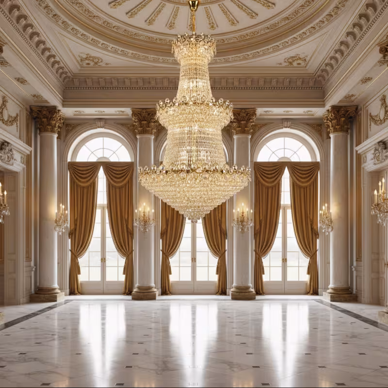 Previzualizare 2: Candelabru Cristal TORRE 59xE14, Diametru 120cm, Inaltime 200cm, Auriu Lucios, Inaltime Reglabila, Design Elegant