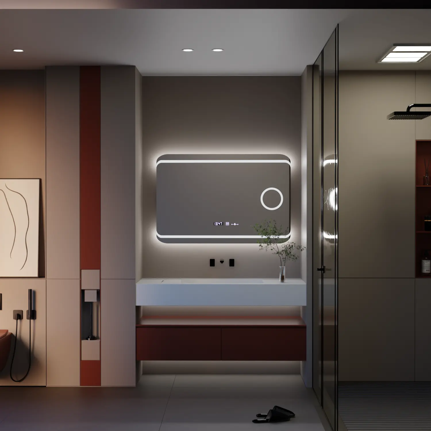 Oglinda LED Rectangulara, 100x60cm, Definition MotionGlow Marcello, Sistem Dezaburire, Ceas & Termometru, Lupa Cosmetica, Dimabila