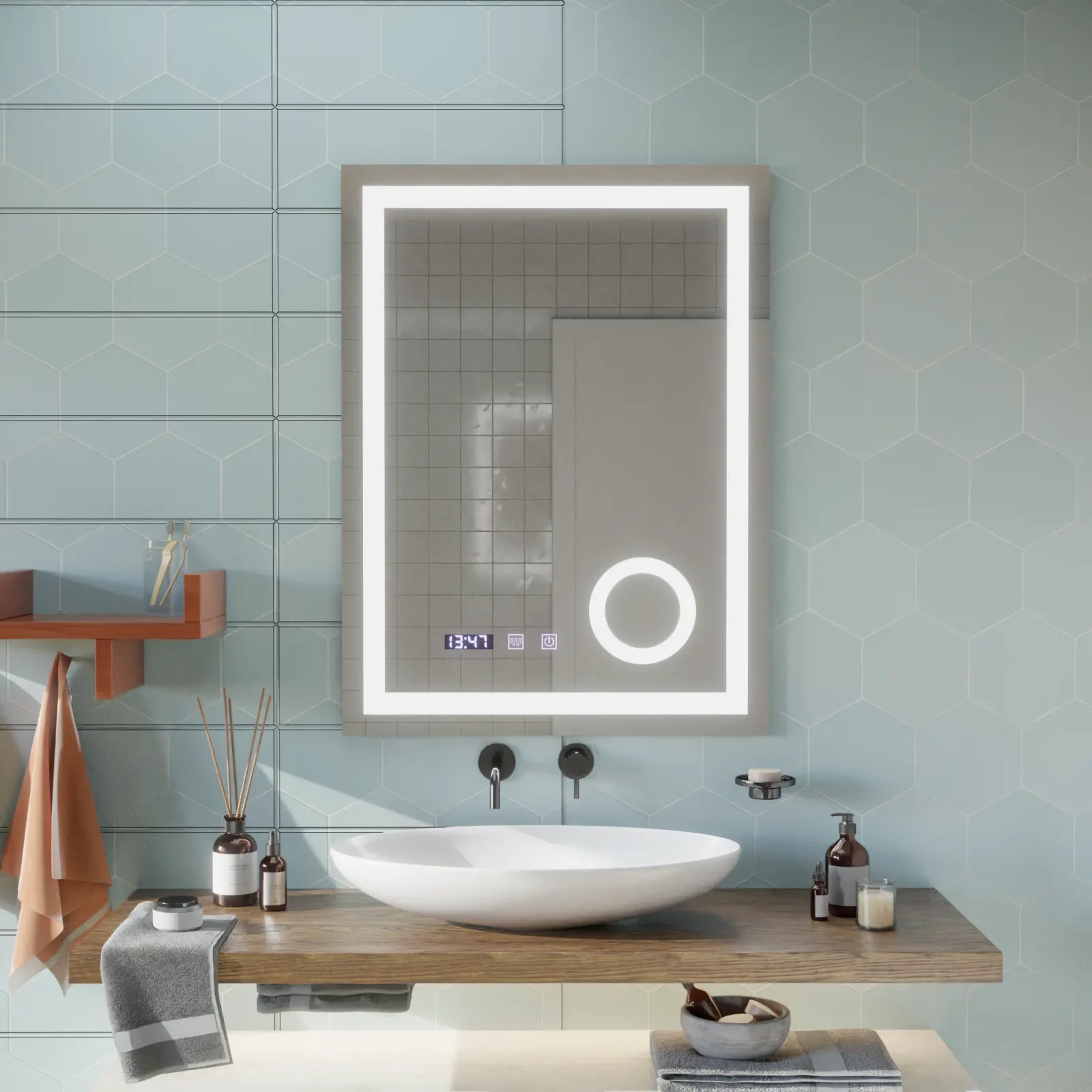 Oglinda LED Touch NIVERA Sistem Dezaburire, Ceas si Temperatura 60x80 cm Lupa Cosmetica