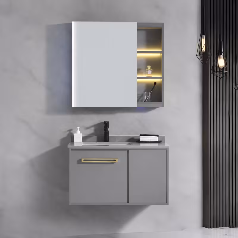 Set Mobilier NOVA pentru Baie, Dulap Lavoar + Dulap Oglinda 60cm, 2 Piese, Gri