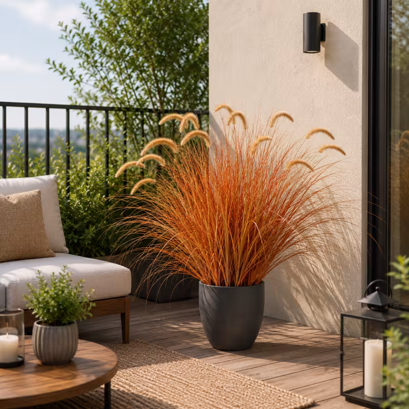 Planta Artificiala Iarba Ornamentala Tip Coada de Vulpe, 100 cm, Iarba Curbata cu Spice, Galben si Portocaliu, Fara Ghiveci